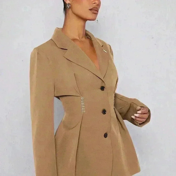 Camel Elegant Women's Pleated Flare Hem Button Up Blazer - Picture 3 of 5